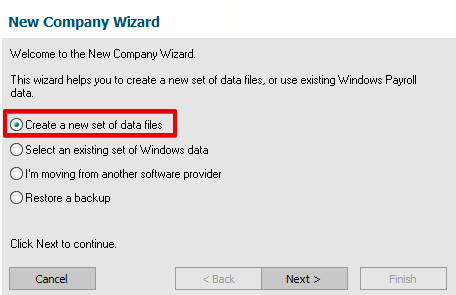 New Company Wizard with the Create a new set of data files option selected.