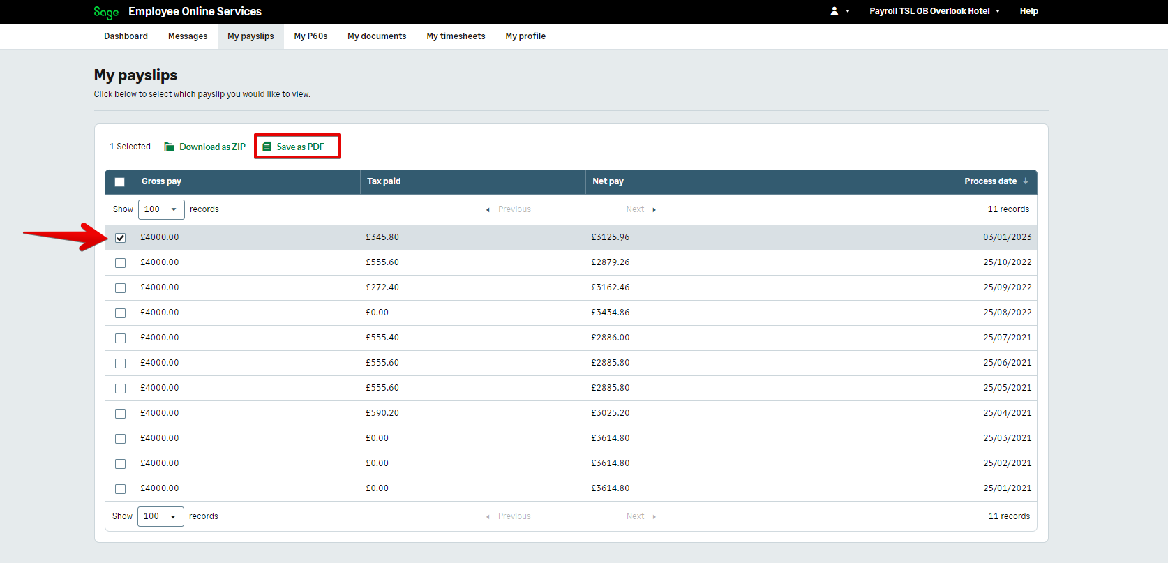 Sage Employee Online Services payslips screen.