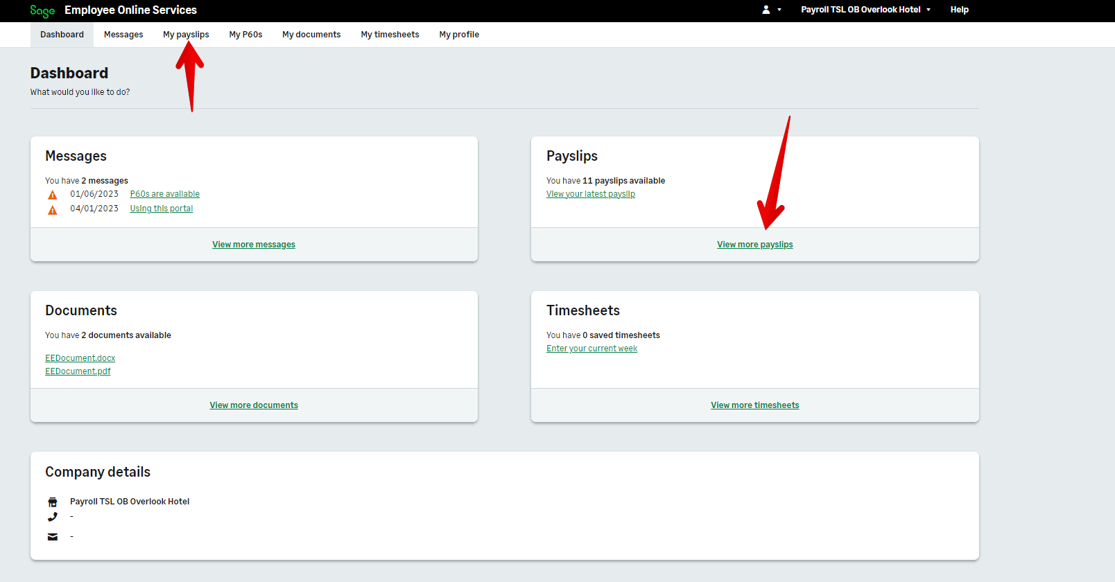 Sage Employee Online Services Dashboard.