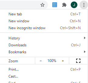 Settings menu with incognito option.