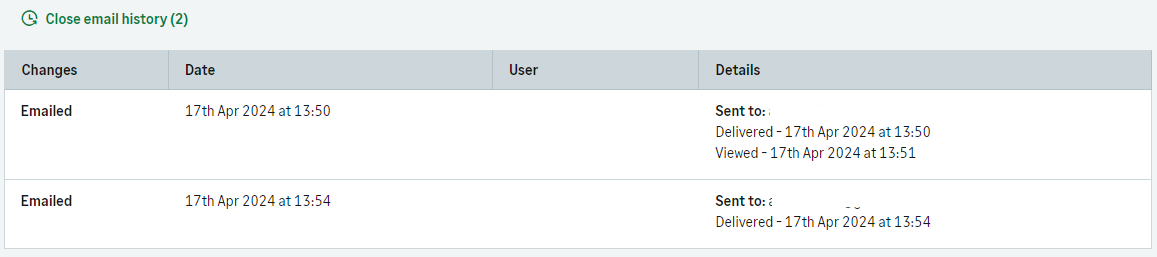 Details of email activity, with a close email history button shown.