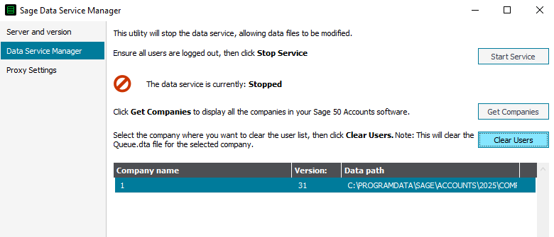 Clear users button on the Data Service Manager tab.