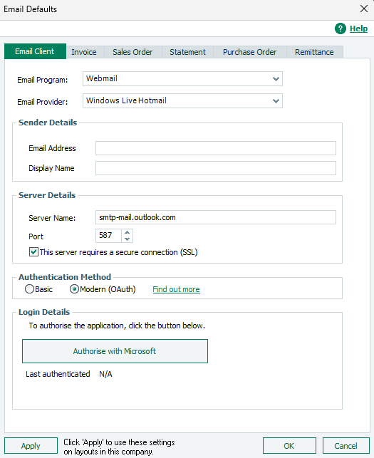 The Email Defaults window in Sage 50 Accounts, showing the new Authorise with Microsoft button for modern authentication methods.