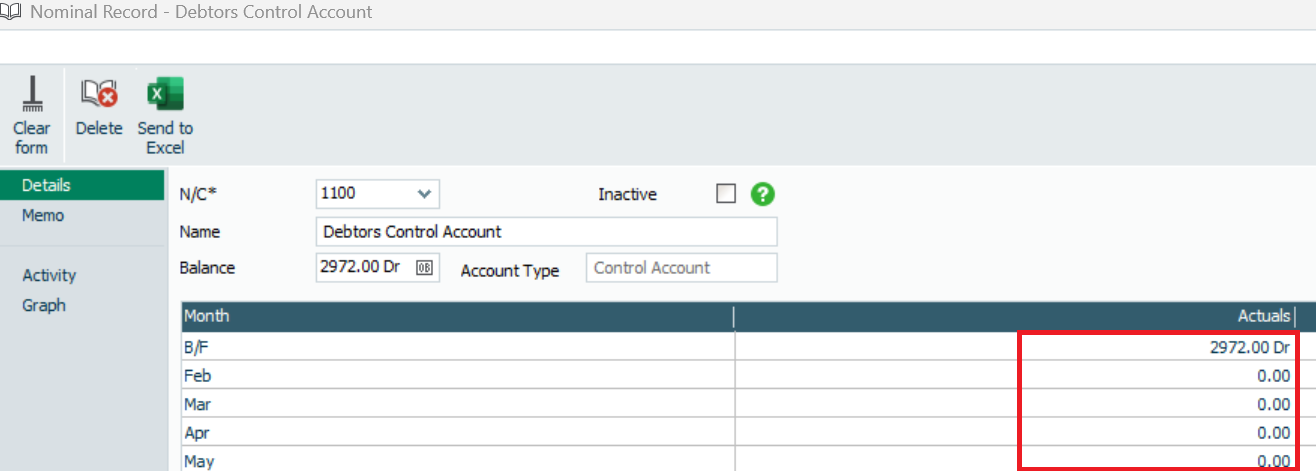 Nominal record with fields in Actual column highlighted.