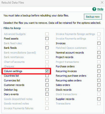 Column settings selected in the Rebuild window.