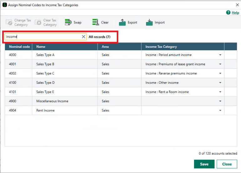 Assign Nominal Codes to Income Tax Categories window with the search field highlighted.