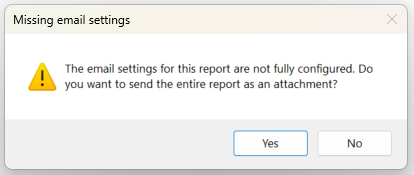 Missing email settings window. The message asks to press Yes or No.
