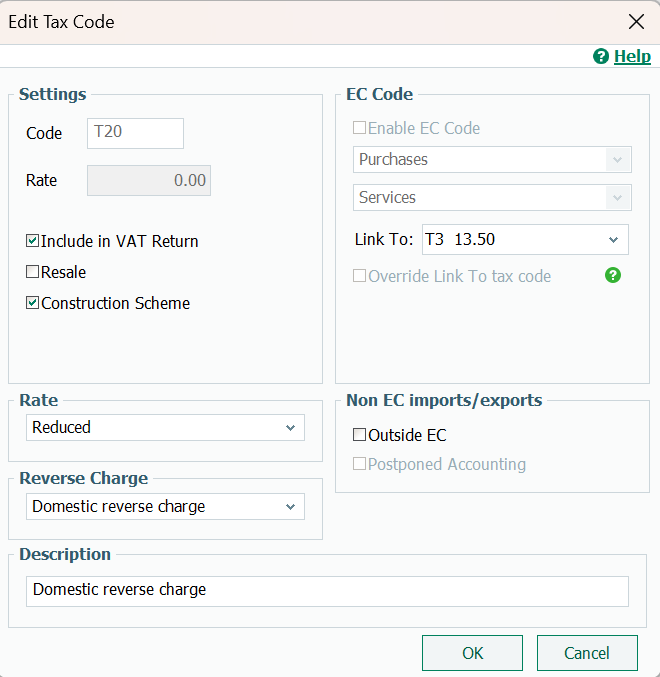 T20 tax code Edit Tax Code window.