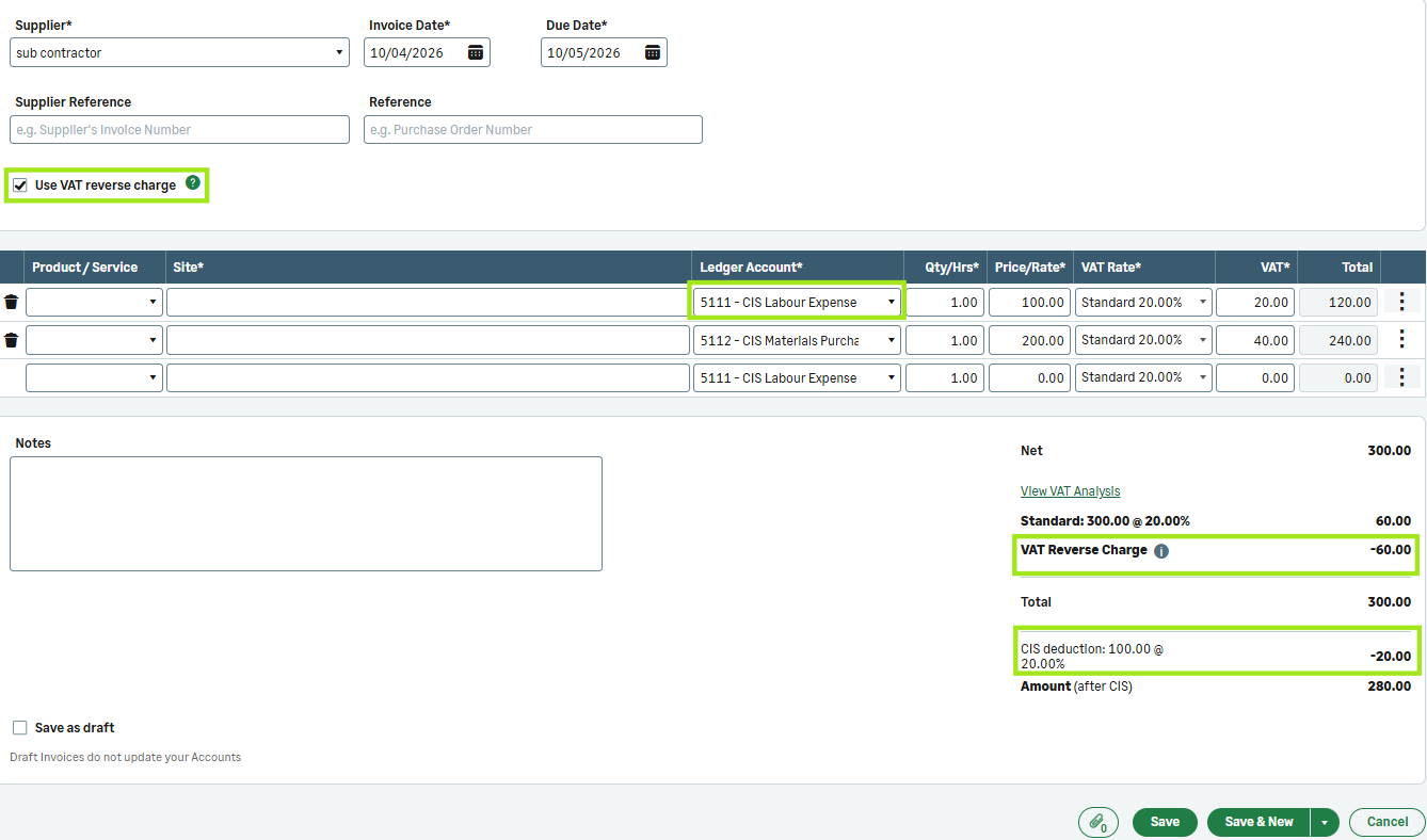 screenshot of a purchase CIS invoice, with the CIS and vat reverse charge elements highlighted