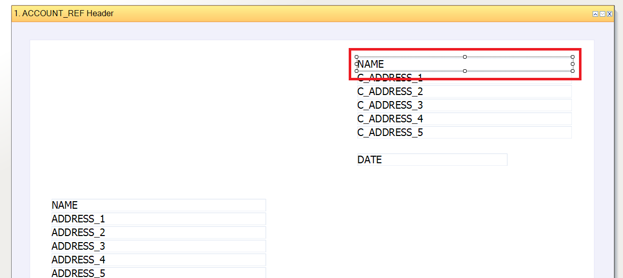 Letter in the Sage Report Designer window with the name field highlighted.