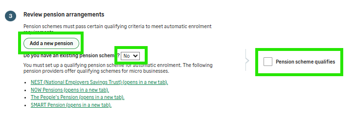 Auto enrolment preparation window showing the Review pension arrangement option.